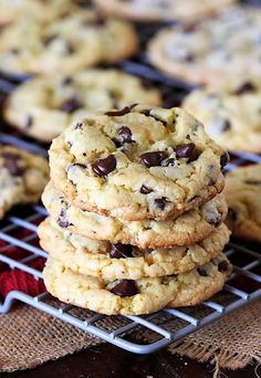 chocolate chip cookies stacked on top of each other