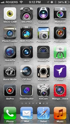 an iphone screen with various icons and buttons on the bottom right corner, including cameras