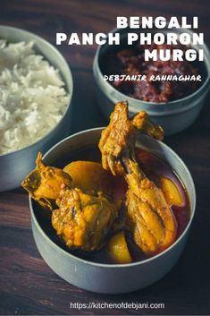 three bowls filled with food and rice on top of a wooden table in front of the words bengali panch phoron muri