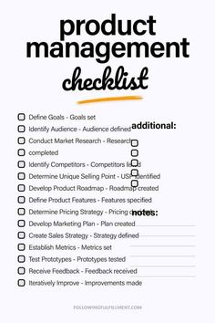 the product management checklist is shown in black and white, with orange writing on it