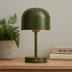 a green lamp sitting on top of a wooden table next to books and a potted plant