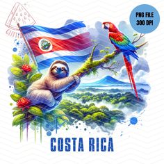 a poster with a sloth on a tree branch and a flag in the background