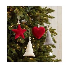 three christmas ornaments hanging from the top of a tree