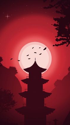 the silhouette of a pagoda with birds flying in front of it at night, against a full moon