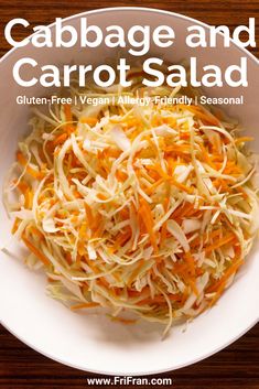 cabbage and carrot salad in a white bowl on a wooden table with text overlay