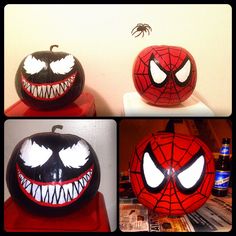 two pumpkins with faces painted to look like spider - man's eyes and mouths