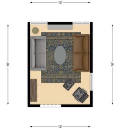 the floor plan for a small living room with furniture and rugs, including a couch