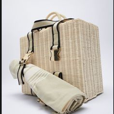 Picnic Basket Style Bag. Woven Exterior. Tube Handles And Fabric Handles With Metal Buckle To Secure Table Cloth. Lined Interior. Button Closure. Height X Length X Width: 11.9x15.6x6.9 Inches (30.2x39.5x17.5cm) Natural / 6893/710 Included Table Cloth Basket Style, Leather Weekender, Zara Bags, Cream Style, Overnight Bag, Mesh Bag, Weekender Bag, Metal Buckles, Pink Bag