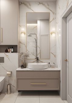 a bathroom with marble walls and flooring is pictured in this image, there are two sinks on either side of the vanity