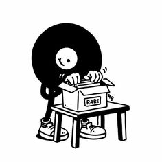 a black and white drawing of a person sitting at a table with a record on it