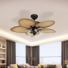 a living room filled with furniture and a ceiling fan in the middle of the room