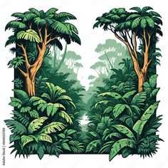 an image of a jungle scene with trees and plants in the foreground, on a white background