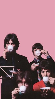 the beatles drinking from cups in front of a pink background