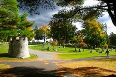 people are walking around in the park on a cloudy day with lots of trees and tombstones