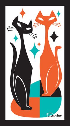 two cats sitting next to each other on top of a blue and orange background with stars