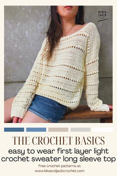 We find the crochet garments that we reach for every day, are often the most simple and basic. It’s the Kiks + Jack Crochet style - simple stitches and basic construction. We created this because we wanted something easy to wear, easy and fast to crochet and a long sleeve crochet top we could wear across the seasons. Wear it in fall and wear it as your first layer under cardigans (crocheted of course) in winter.  Click on the photo to access your free crochet top pattern that is made to measure, size inclusive and beginner friendly. Fall Crochet Sweater, Crochet Sweater Free Pattern, Crochet Garments, Crochet Sweater Free, Fall Crochet, Crochet Sweater Pattern Free, Sweater Patterns, Easy Crochet Patterns Free, Crochet Ladies Tops