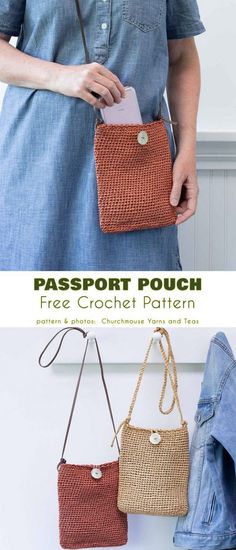 a woman holding two purses in her hands and the text passport pouch free crochet pattern