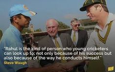 two men shaking hands in front of three other men and one has a quote from steve waugh