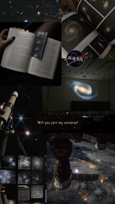 an open book sitting on top of a table next to a telescope and some pictures