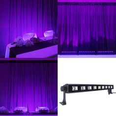 purple curtains and lights in front of a black table with white flowers on it at a party