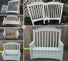 four different pictures of the same white bench