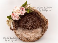 a basket with flowers and feathers in it on a white background, labeled digital backgrounds by ez digitals