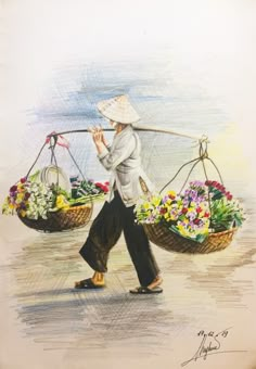 a drawing of a woman carrying flowers in baskets