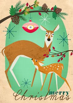 a christmas card with an image of two deer