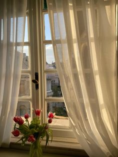 a vase filled with red flowers sitting next to a window sill covered in white curtains