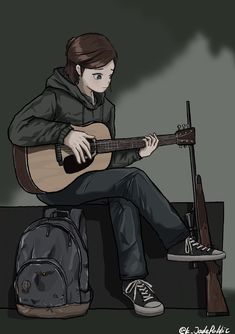 a drawing of a person sitting on a bench with a guitar in front of him