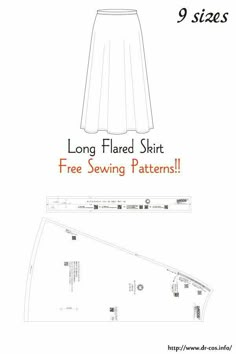 the front and back view of a skirt sewing pattern, with text that reads long flared skirt free sewing patterns