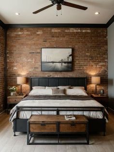 a bedroom with brick walls and wooden floors