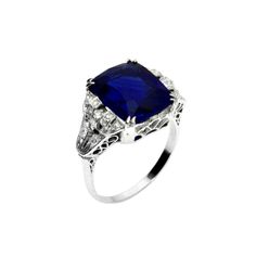 1stdibs.com | Art Deco 10.15 Carat Ceylon Blue Sapphire & Diamond Ring Luxury Cushion Cut Sapphire Diamond Ring, Formal Sapphire Ring With Brilliant And Cushion Cut, Formal Sapphire Ring With Cushion Brilliant Cut, Formal Sapphire Ring With Cushion Diamond Cut, Formal Sapphire Cushion Cut Diamond Ring, Formal White Gold Cushion Cut Sapphire Ring, Formal Sapphire Jewelry With Single Cut Diamonds, Formal Sapphire Ring With Cushion Cut, Formal Asscher Cut Diamond Sapphire Ring