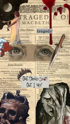 an altered collage of images with words and pictures on them, including a woman's face