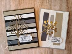 two cards that have been made with the stamp set and tree dieing on them