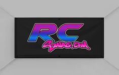 a black sign with the word rc flying on it's side in pink and blue