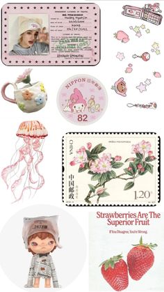 some stamps and stickers with pictures on them, including strawberries are the superfruitt