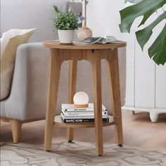 a wooden table with books and plants on it in front of a gray couch next to a potted plant