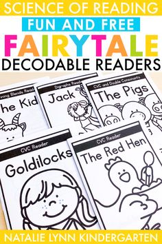 four children's book covers with the title, science of reading fairy tale decoable readers