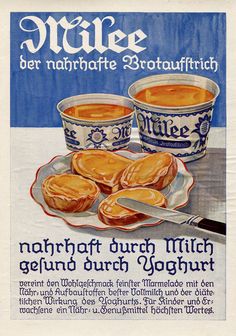 an old poster with some type of food on the plate and two cups of soup