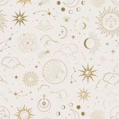 a white and gold wallpaper with stars, planets, and other things on it