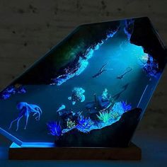 an underwater scene is displayed on a wooden stand with blue light coming from the bottom