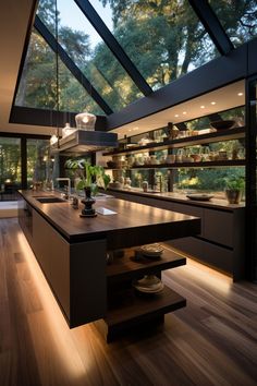 an open kitchen with wooden floors and skylights above the countertop, is shown