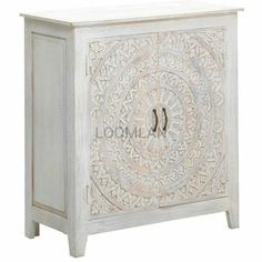 LOOMLAN-Accent Cabinets-38 White Washed Hand Carved Lace Mandala Design Accent Cabinet-LOOMLAN Home-UCS-6631 Wood Mandala, Shabby Chic Aesthetic, Door Accent Cabinet, Flourish Design, Sideboard Storage Cabinet, Small Sideboard, Paint Storage, Carved Doors, White Chests