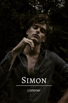 a man standing in front of trees with his hand on his chin and the words simon written