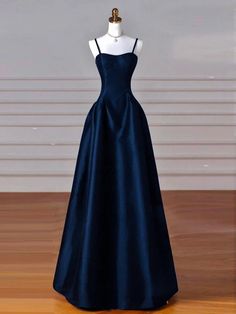 Dreamy Dark Blue Spaghetti Straps Satin Prom Dress Long Spaghetti Strap Dress, Satin Long Prom Dress, Prom Dresses Simple, Spaghetti Strap Prom Dress, Prom Dress Inspiration, Prom Dresses Vintage, Pretty Prom Dresses, Formal Party Dress, A Line Prom Dresses