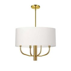 a chandelier with a white shade on the bottom and gold trimmings