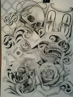 a drawing of skulls and roses with the word love written on it's side