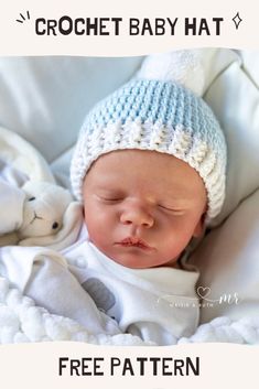 a baby sleeping in a crochet hat with the words free pattern below it