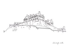 a drawing of an old castle on top of a hill